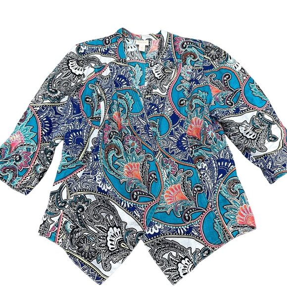 Chicos Open‎ Jacket Women 2 Large 14 Blue Multi Paisley Linen Boho Peasant Drape - Picture 1 of 12